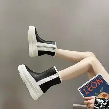 Модные туфли для женщин Chelsea Platform Black Mid-Style Chunky Womens Snow Boots Leather Round Toe Half High Boot Female Furry New Rock 35