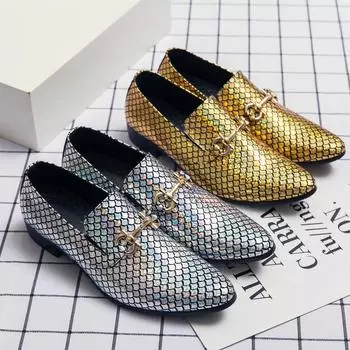 Модные туфли Fish Scale для мужчин, большие размеры 38-48, заостренные плоские мужские повседневные кожаные туфли, золотые трендовые туфли для общения, мужские мокасины 38