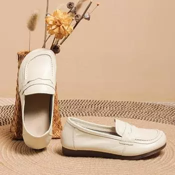 Модные туфли из дермиса для женщин, лоферы, осенние женские туфли в стиле ретро с круглым носком и мягкой подошвой, одинарные туфли из натуральной кожи, маленькие кожаные туфли 35 бежевый