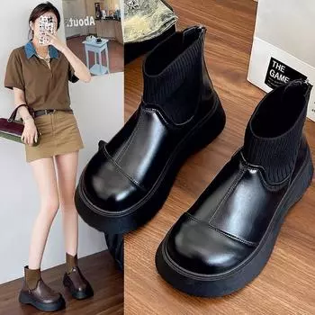 Модные туфли из искусственной кожи на плоской подошве, женские ботильоны на толстой подошве, осень-зима 2024 года, популярные зимние ботинки на толстой подошве One-step 35 чёрный