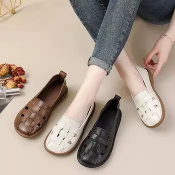 Модные туфли из коровьей кожи в стиле ретро Omen s Shoes, плетеные полые кожаные туфли, женские сандалии на плоской подошве, летние дышащие туфли для мам, удобная мягкая подошва 35 чёрный
