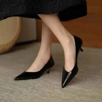 Модные туфли из лакированной кожи, женские туфли-лодочки на шпильках, профессиональная обувь 2024 года, новые серые туфли на высоком каблуке, женские туфли среднего каблука 34 серый