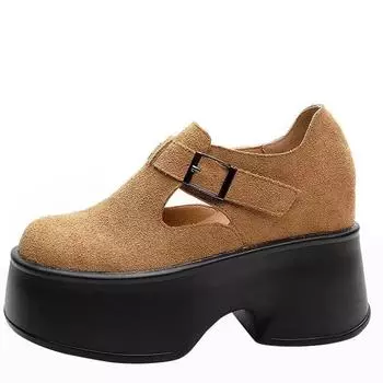 Модные туфли из натуральной кожи 11 см, супер толстая подошва, танкетка, женская пряжка, осень-весна, скрытые каблуки, модная женская обувь 33 коричневый