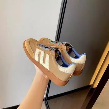 Модные туфли из натуральной кожи в стиле ретро для женщин 2024 года, новые дышащие спортивные и повседневные кроссовки на плоской подошве со шнуровкой и модной обувью 35 бежевый