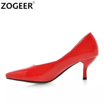 Модные туфли-лодочки большого размера на среднем каблуке, женские, элегантные, модные, с острым носком, красные, розовые, синие, желтые, на каблуке, для офиса, свадьбы, для женщин 34 чёрный