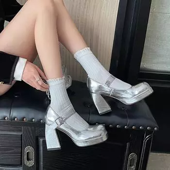 Модные туфли-лодочки из натуральной кожи для женщин на каблуках, для отдыха и свадьбы, лаконичные туфли-лодочки для зрелых женщин на толстом каблуке, женские туфли-лодочки 34 серебряный