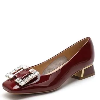 Модные туфли-лодочки из натуральной кожи для офиса и дам, брендовые туфли с кристаллами, женские туфли на весну, женские туфли-лодочки на толстом каблуке, свадебные туфли 35 красный