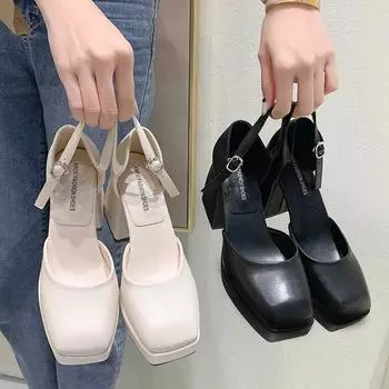 модные туфли-лодочки Lucyever 2024 с ремешком на щиколотке и платформой, женские туфли Мэри Джейн из искусственной кожи с квадратным носком, женские готические туфли на толстом высоком каблуке для женщин 35 бежевый