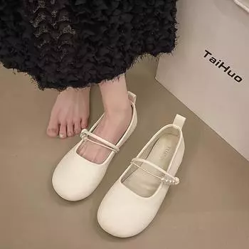 Модные туфли-лодочки на низком квадратном каблуке с круглым носком, женские туфли без застежек, распродажа 2024 года, высококачественные туфли-лодочки с бусинами на весну/осень 35 бежевый