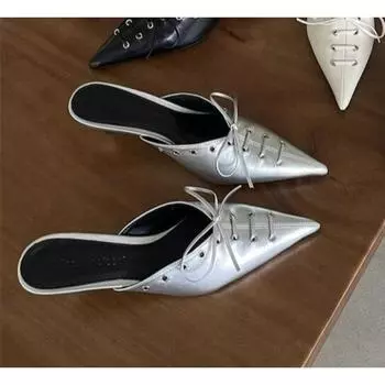 Модные туфли-лодочки на шнуровке, шлепанцы, женские туфли-лодочки на среднем каблуке, новая женская обувь с острым носком, женские туфли на мелком каблуке 4 см 34