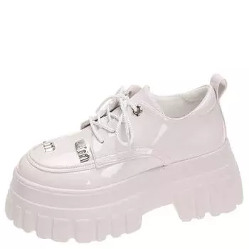 модные туфли-лодочки на толстой платформе в британском стиле для женщин 2024 года, весна-осень, туфли-лодочки на толстом каблуке, женские туфли из лакированной кожи с круглым носком 34 бежевый