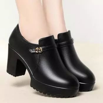 Модные туфли-лодочки на толстом каблуке и платформе, размер 35-41, весна-осень 2024 г., туфли на высоком каблуке с острым носком, черные, для офиса, модель для мамы, элегантные 35