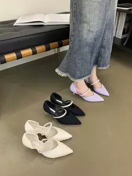 модные туфли-лодочки с острым носком для женщин 2024 г. Новые поступления модные туфли женские туфли на тонком среднем каблуке со стразами и цепочкой фиолетовые бежевые черные туфли-лодочки 39 5.5 чёрный