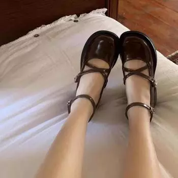 Модные туфли-лодочки с перекрестными ремешками на толстом каблуке для женщин 2024 года, новые черные коричневые туфли Мэри Джейн на высоком каблуке, женские туфли с круглым носком в студенческом стиле Zapato Mujer 35 чёрный