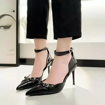 Модные туфли-лодочки с пряжкой на щиколотке, женские туфли на среднем каблуке, новинка 2024 года, женская обувь с острым носком, женские туфли на мелком каблуке 4 см 34 чёрный