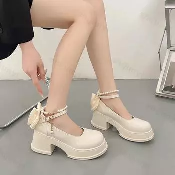 Модные туфли-лодочки с ремешком на щиколотке и жемчугом для женщин 2024 года, новые туфли Мэри Джейн на высоком каблуке и платформе, женские туфли для вечеринок с круглым носком и толстым каблуком 35 чёрный