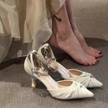 Модные туфли-лодочки с заостренным носком и неглубокой шпилькой, женские, весна-лето 2024, новые, с перламутровым словом «волшебный ветер» на высоком каблуке 34