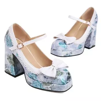 Модные туфли-лодочки в стиле панк с бантом на высоком каблуке, женская обувь на платформе 2024 года с цветочным принтом, женские туфли Мэри Джейн на каблуке в стиле Лолита, большой размер 46 34 чёрный