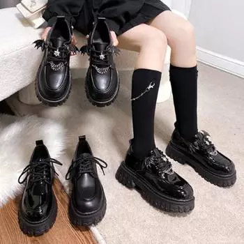 Модные туфли-лодочки в стиле панк-ветер для женщин Новые готические туфли с крыльями летучей мыши и толстым дном для женщин Водонепроницаемые туфли в стиле Лолиты с металлической цепочкой 35 матовый черный