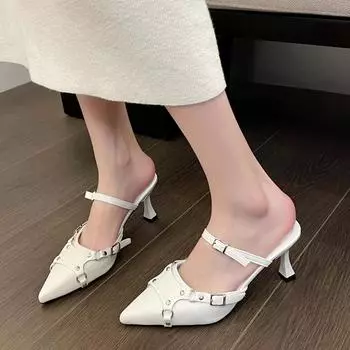 Модные туфли-лодочки Y2K с острым носком для женщин 2024 года, весенние босоножки на тонком каблуке с пряжкой, женские белые и черные туфли из искусственной кожи с открытой пяткой 36 чёрный