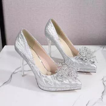 Модные туфли-лодочки женские блестящие жемчужный цветок острый носок высокие каблуки вечерние сандалии для ночного клуба свадебная женская обувь 35