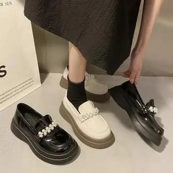Модные туфли-лодочки, женские туфли-оксфорды без шнуровки на танкетке с круглым носком для женщин, однотонные туфли на платформе с бусинами, большие размеры 35