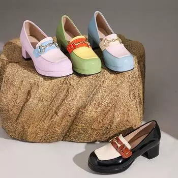 Модные туфли-лоферы на платформе и каблуке для женщин Лолита с бантом Контрастные цветные туфли-лодочки Женские кожаные туфли с коротким каблуком Tide Golden Buckle 35 зелёный