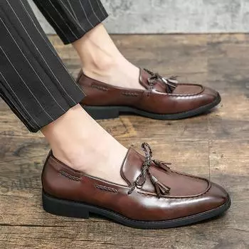 Модные туфли-лоферы с кисточками для мужчин, удобные для мужчин, кожаные, повседневные, для деловых, свадебных, вечерних, ночных клубов 6.5 чёрный