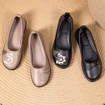 Модные туфли-лоферы Slip-on для мам с неглубокой подошвой, большие размеры 41 42, удобные туфли для балета и танцев для женщин 2024 года, мокасины с цветочным принтом в китайском стиле CN 35 хаки