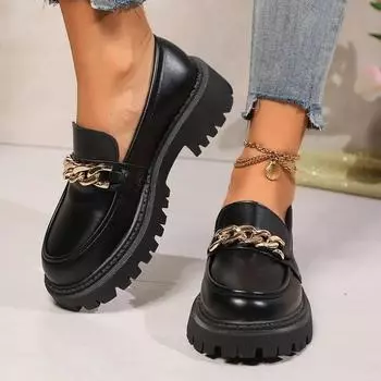 Модные туфли-лоферы женские туфли женские модные туфли Мэри Джейн с круглым носком оксфорды на платформе повседневные туфли с металлической цепочкой пряжкой женские туфли на каблуках 35 чёрный