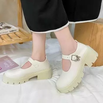 Модные туфли Лолита для женщин, японские туфли Мэри Джейн для женщин, винтажные туфли для девочек, студенческая форма, туфли на высоком каблуке и платформе, косплей, большие размеры 34 бежевый
