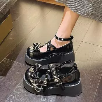 Модные туфли Лолиты для женщин Мэри Джейн Новые слипоны Лоферы для девочек Студенты JK Uniform Туфли на платформе с высоким каблуком Косплей Женские туфли 39 35 чёрный