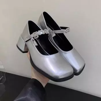 Модные туфли Мэри Джейн 2024 года, новые женские весенне-летние туфли на толстом каблуке с квадратным носком, элегантные туфли на среднем каблуке золотисто-серебряного цвета для торжественных случаев 35 матовый черный