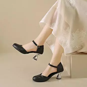 Модные туфли Мэри Джейн для женщин 2024 года, весна, новые модные туфли на высоком каблуке с пряжкой на щиколотке, женская обувь для вечеринок Baotou, женская обувь Zapatillas Mujer 35 чёрный