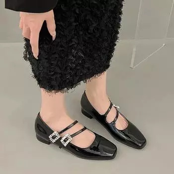 Модные туфли Мэри Джейн для женщин с квадратной головкой, стразами, двойной пряжкой, ремешком на низком каблуке, женские роскошные туфли-лодочки для офиса и карьеры 35 чёрный