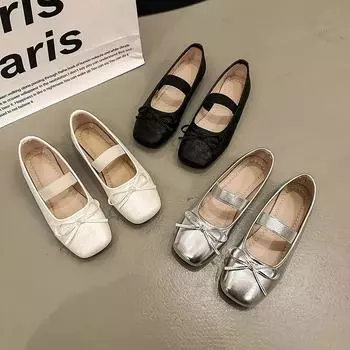 Модные туфли Мэри Джейн на плоской подошве с бантом для женщин, весенние новые дизайнерские балетки на мягкой подошве, женские элегантные серебряные кожаные туфли на плоской подошве 35