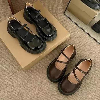 Модные туфли Мэри Джейн на толстой платформе для женщин, лакированные кожаные туфли с двойной пряжкой и ремешком на щиколотке, женские туфли 2024 года, новые весенние туфли в стиле Лолиты Y2K 35 чёрный
