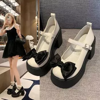 Модные туфли Мэри Джейн на толстой подошве 2024 года, новые женские туфли Модные туфли с бантом на толстом каблуке Модные уличные туфли с круглым носком на высоком каблуке 35 бежевый