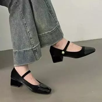 Модные туфли Мэри Джейн на толстом каблуке, новые женские весенние вечерние туфли на среднем каблуке во французском стиле, черные маленькие кожаные туфли с квадратной головкой 35 бежевый