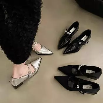 Модные туфли Мэри Джейн с острым носком на низком каблуке, женская повседневная обувь, новые летние балетки с мягкой подошвой, женские туфли-лодочки 34 чёрный