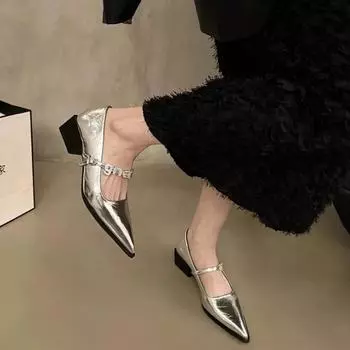 Модные туфли Мэри Джейн с острым носком на низком каблуке, женская повседневная обувь, новые летние балетки с мягкой подошвой, женские туфли-лодочки 34 серебряный