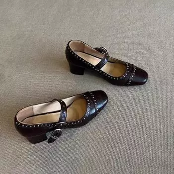 Модные туфли Мэри Джейн, женские элегантные туфли на высоком каблуке, брендовые туфли с квадратным носком в стиле ретро из кожи, туфли на высоком каблуке для вечеринок, осенние, новые, толстая подошва 34 бежевый