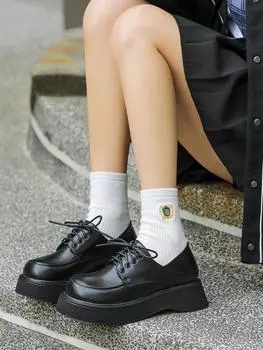 Модные туфли Matsuke Sole Square Toe Single Shoes Симпатичные туфли с большим носком из натуральной кожи коричневого цвета в студенческом стиле. Маленькие кожаные туфли 34 чёрный