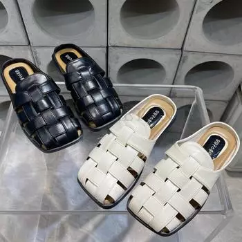 Модные туфли-мюли из натуральной кожи с квадратным носком, модные дизайнерские тапочки с крестиком, мягкие туфли для отдыха, прогулок и сада, брендовые туфли-мюли 35 чёрный