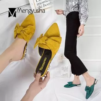 Модные туфли-мюли с закрытым носком, женские большие неглубокие тапочки с бабочкой, ленивые шлепанцы, модные жемчужные заклепки, низкие каблуки, слайдеры 5 зелёный