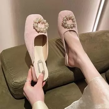 Модные туфли-мюли с жемчугом для женщин, туфли-лодочки на квадратном каблуке, женские с острым носком, новые роскошные дизайнерские шлепанцы, элегантные офисные туфли 35 чёрный
