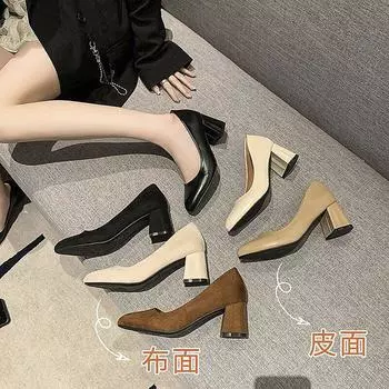 Модные туфли на грубом каблуке женские, весна 2024, новые, заостренные рабочие туфли с неглубоким носком, на высоком каблуке, простые 35 чёрный