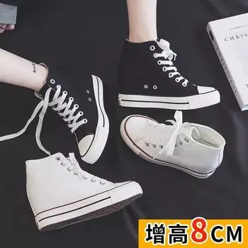 Модные туфли на каблуках 8 см, повседневные парусиновые туфли, туфли на платформе, высокие женские туфли на скрытой танкетке, увеличивающие рост 34 чёрный