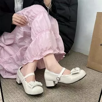 Модные туфли на каблуке для женщин Мэри Джейн Модные неглубокие туфли-бабочки с японским узлом Jk Женские туфли-лодочки Однотонные толстые туфли на среднем каблуке Лоферы 35 бежевый