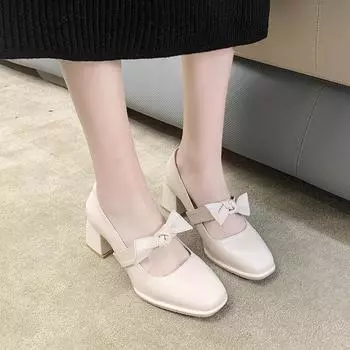 Модные туфли на каблуке с бантом на квадратном каблуке в японском стиле Лолита, белые высокие туфли Мэри Джейн в готическом стиле для женщин 2024 года, женская летняя обувь 34 бежевый